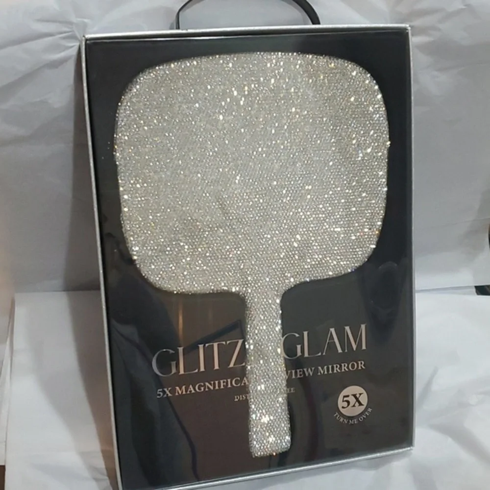 5X magnification Glitz Glam blinged crystal rhinestone hefty handheld mirror new